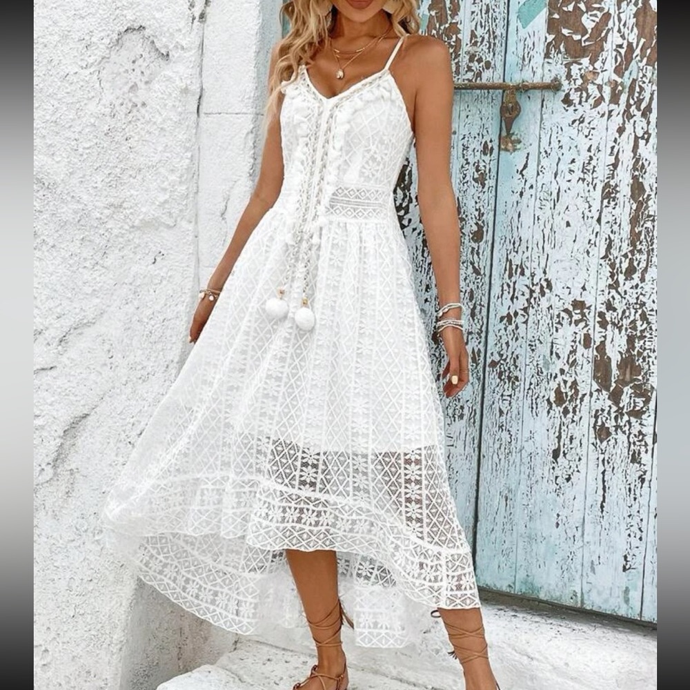 White Guipure Sheer Mesh Lace Tassel Cami Dress Boho - Picture 4 of 6
